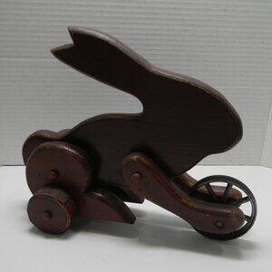 Vintage Folk Art Rolling Rabbit Toy Primitive Bunny Wooden Wheels Easter